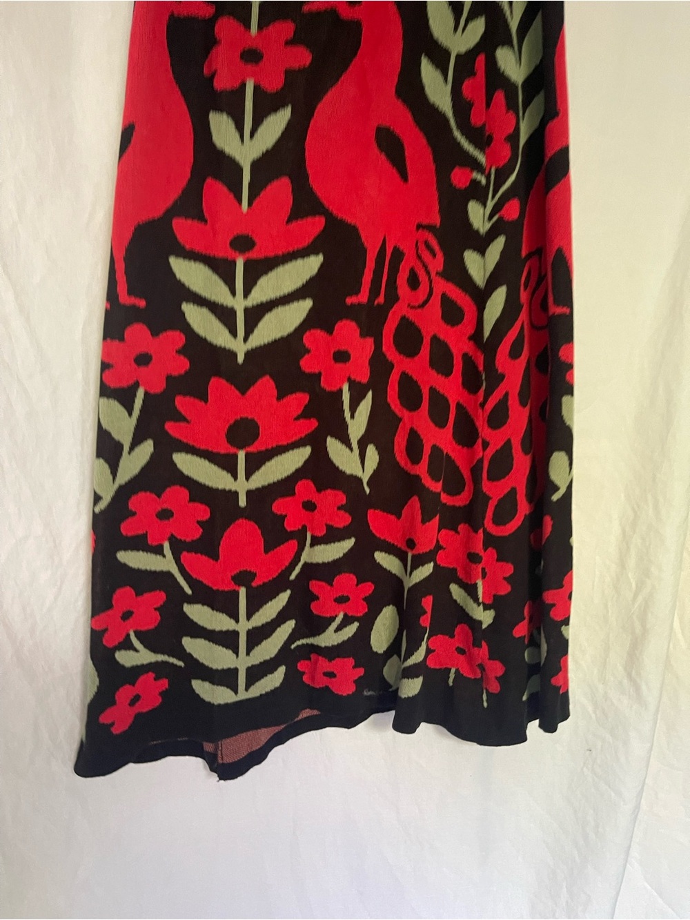 Maxi Skirt with Red Floral & Peacock Motif. Size L. Waist 31” Length 42” - Picture 4 of 13